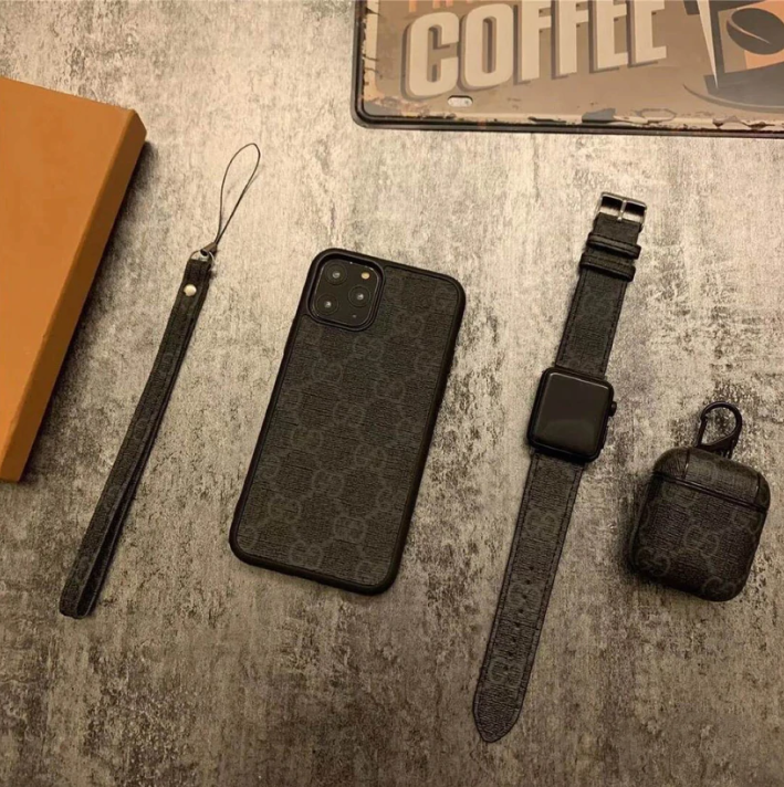 Black GG Case for iPhone, Apple Watch Band + AirPods Combo